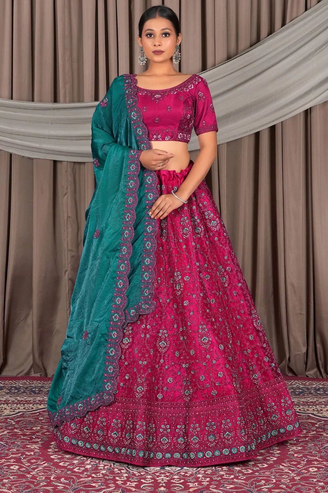 Rani Color Floral Embroidered Net Lehenga Choli Set - Gajiwala