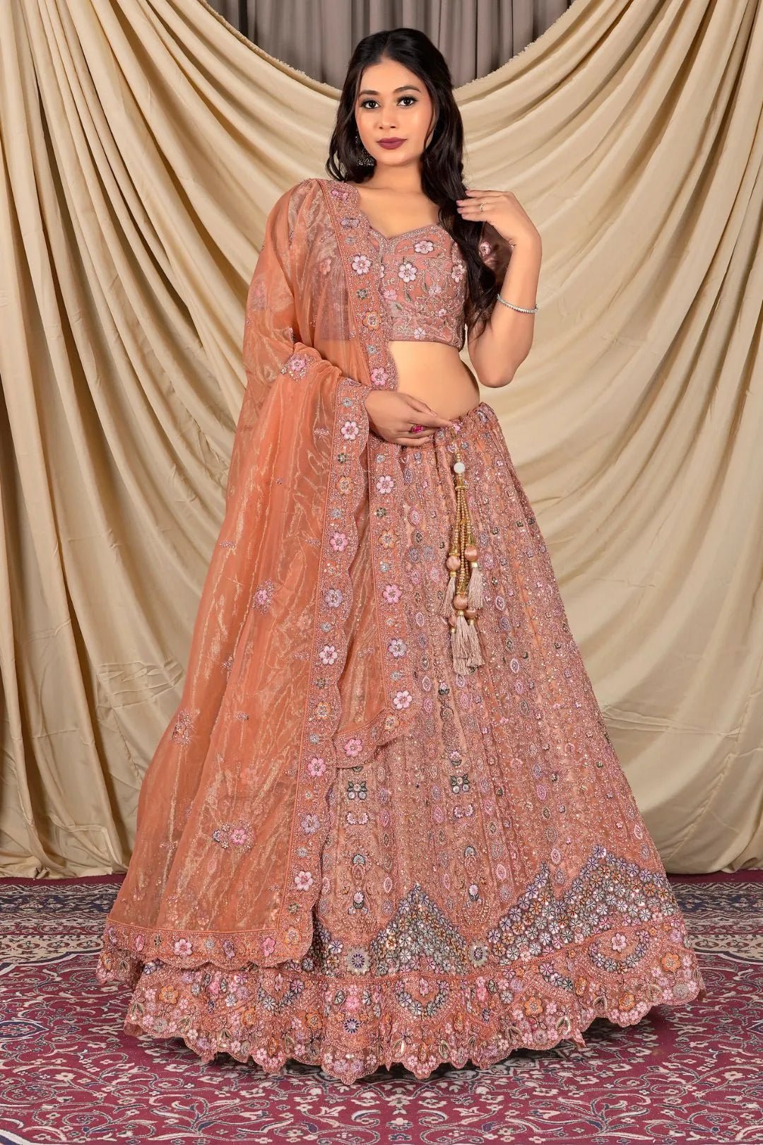 Rust Party Wear Embroidered Twill Net Lehenga Choli For Women - Gajiwala