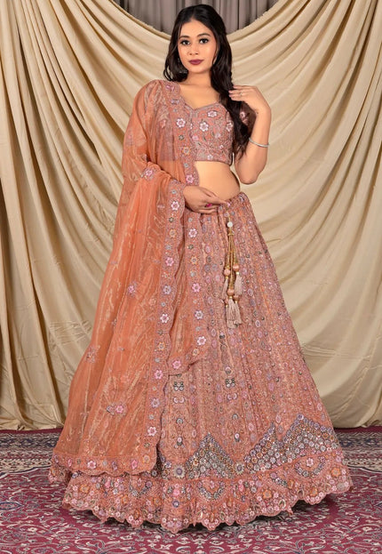 Rust Party Wear Embroidered Twill Net Lehenga Choli For Women - Gajiwala