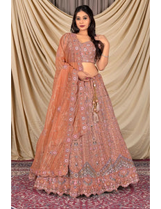 Rust Party Wear Embroidered Twill Net Lehenga Choli For Women - Gajiwala