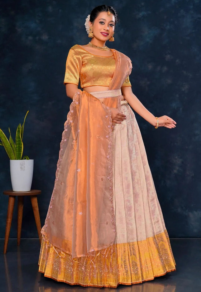 Rust Pure Tissue Silk Half Saree with Zari Weaving - Gajiwala