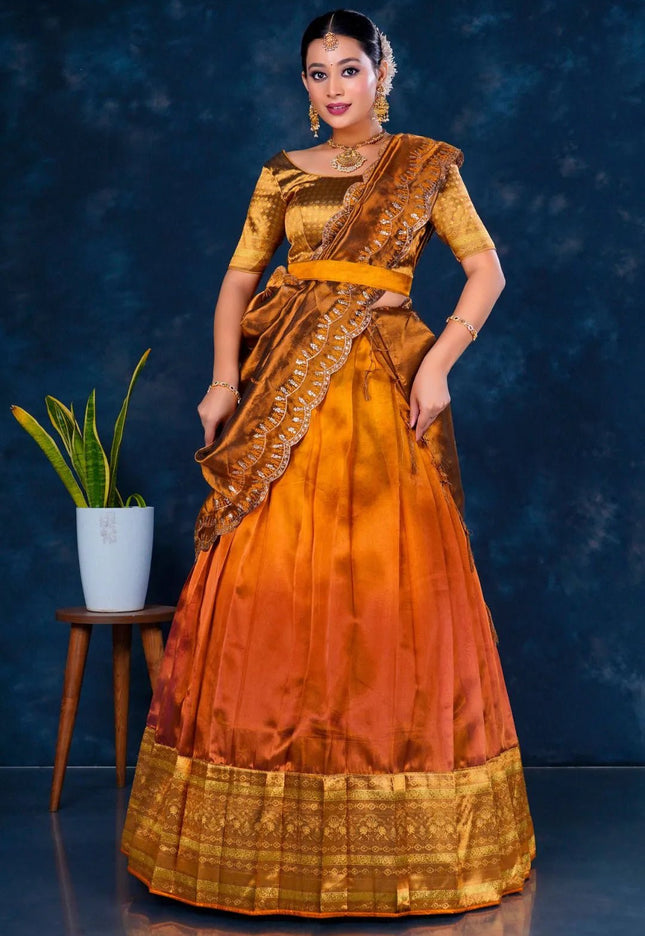 Rust Tissue Silk Designer Lehenga Choli For Women - Gajiwala
