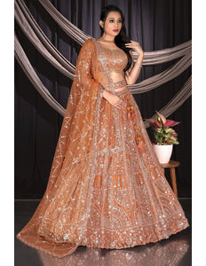 Rust Traditional Net Lehenga Choli With Dupatta - Gajiwala