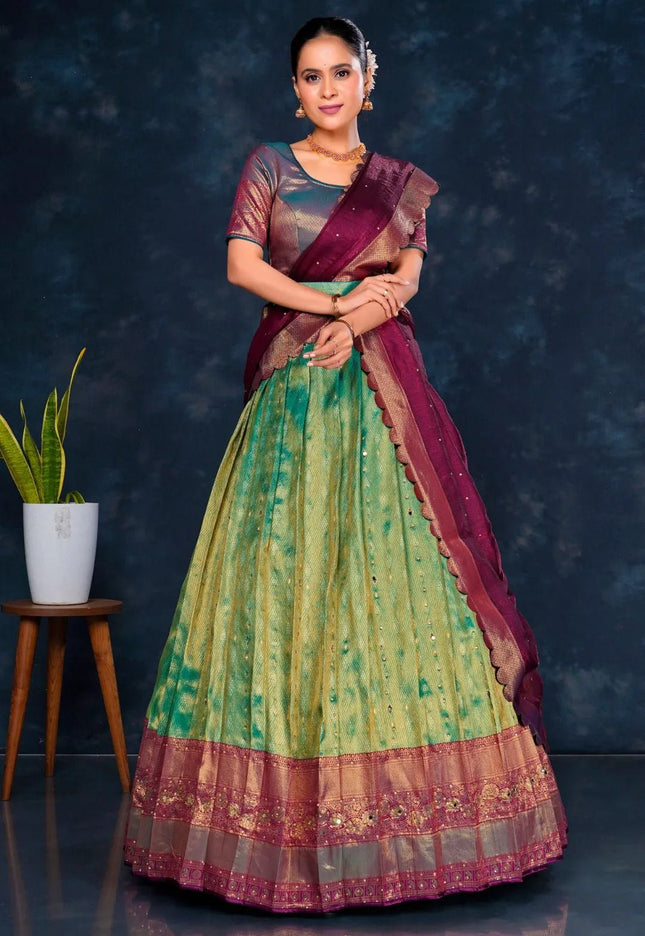 Sea Green Banarasi Designer Half Saree For Women - Gajiwala