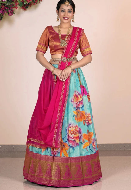 Sea Green Banarasi Lehenga Choli With Digital Print - Gajiwala