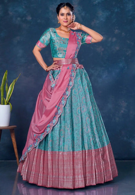 Sea Green Banarasi Lehenga Choli With Pink Dupatta - Gajiwala