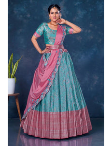Sea Green Banarasi Lehenga Choli With Pink Dupatta - Gajiwala