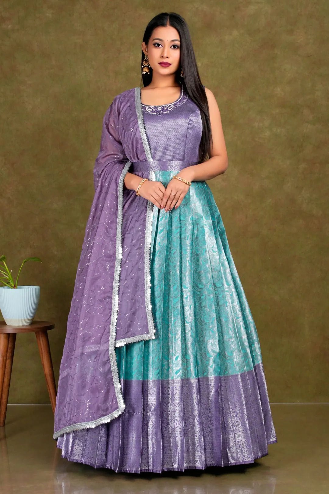 Sea Green Banarasi Silk Gown With Zari Work - Gajiwala