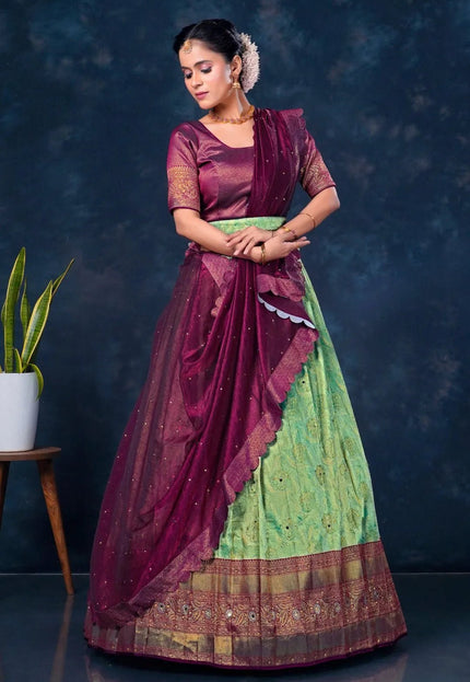 Sea Green Banarasi Silk Half Saree For Women - Gajiwala