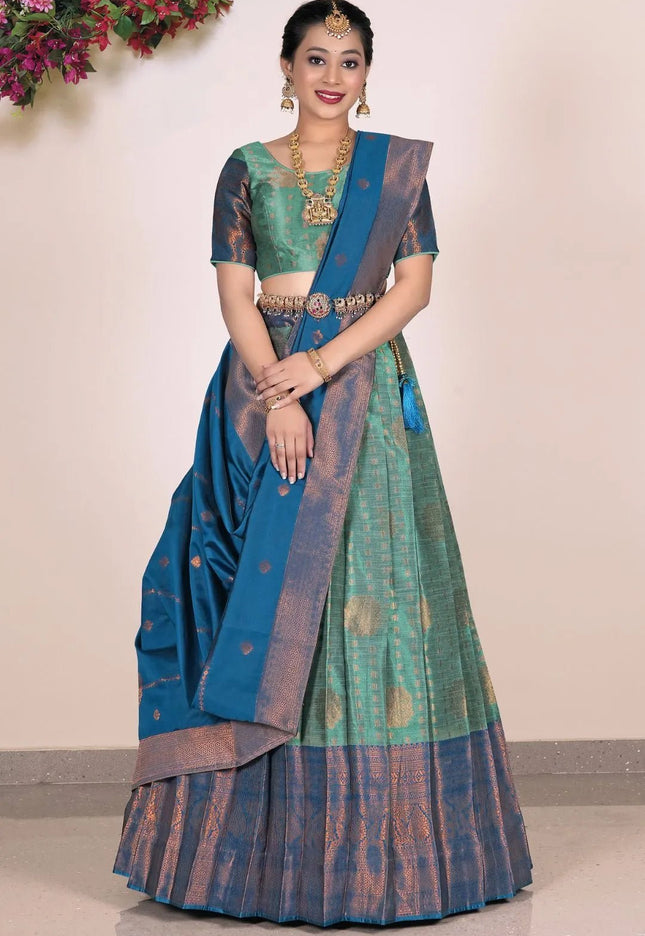 Sea Green Banarasi Silk Half Saree Lehenga For Women - Gajiwala