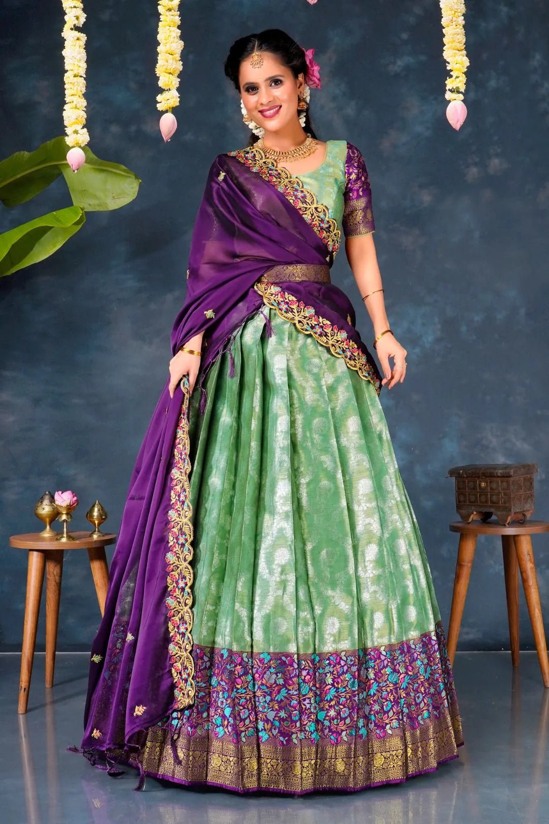 Sea Green Banarasi Silk Pattu Half Saree With Zari Work - Gajiwala