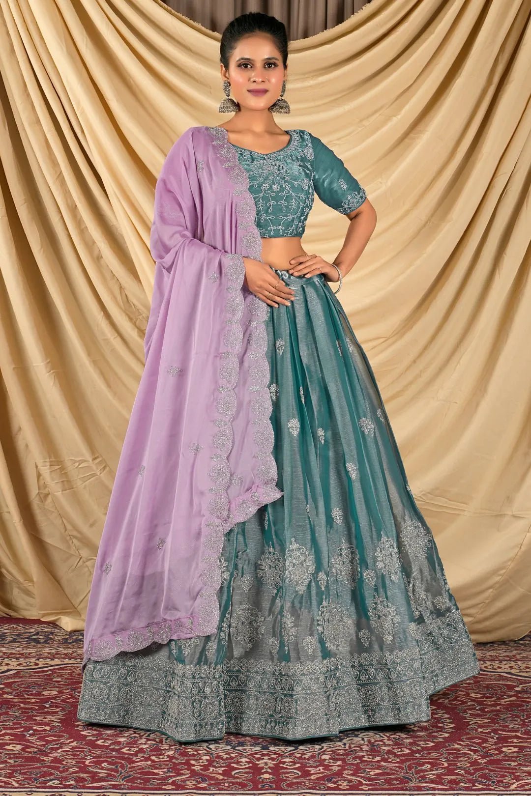 Sea Green Barbery Silk Lehenga Choli With Rangoli Dupatta - Gajiwala