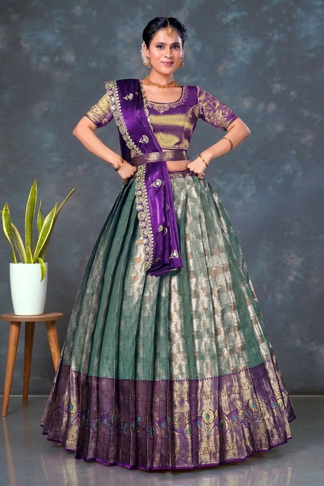 Sea Green Color Banarasi Lehenga With Wine Dupatta - Gajiwala