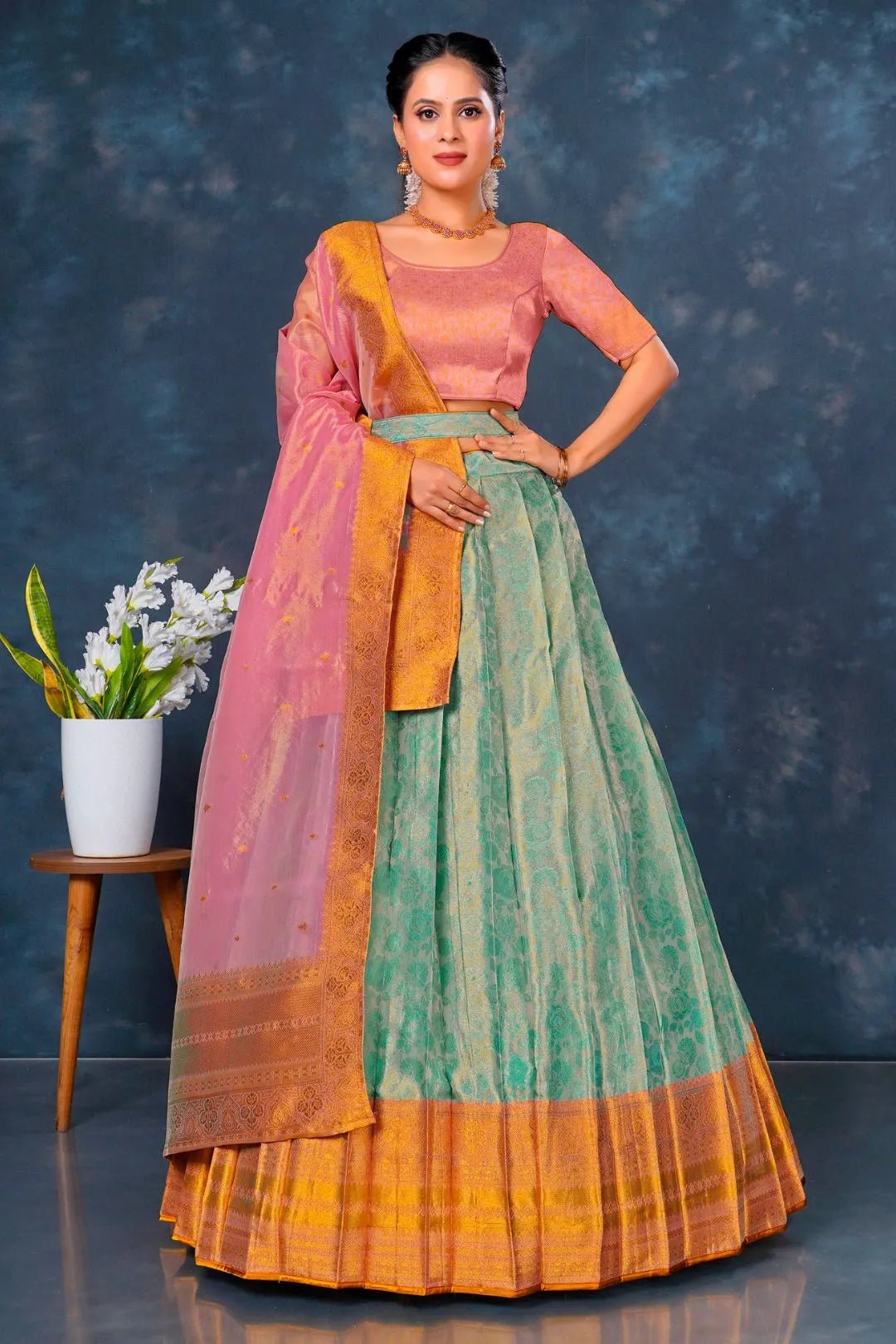 Sea Green Designer Lehenga Choli in Tissue Silk - Gajiwala