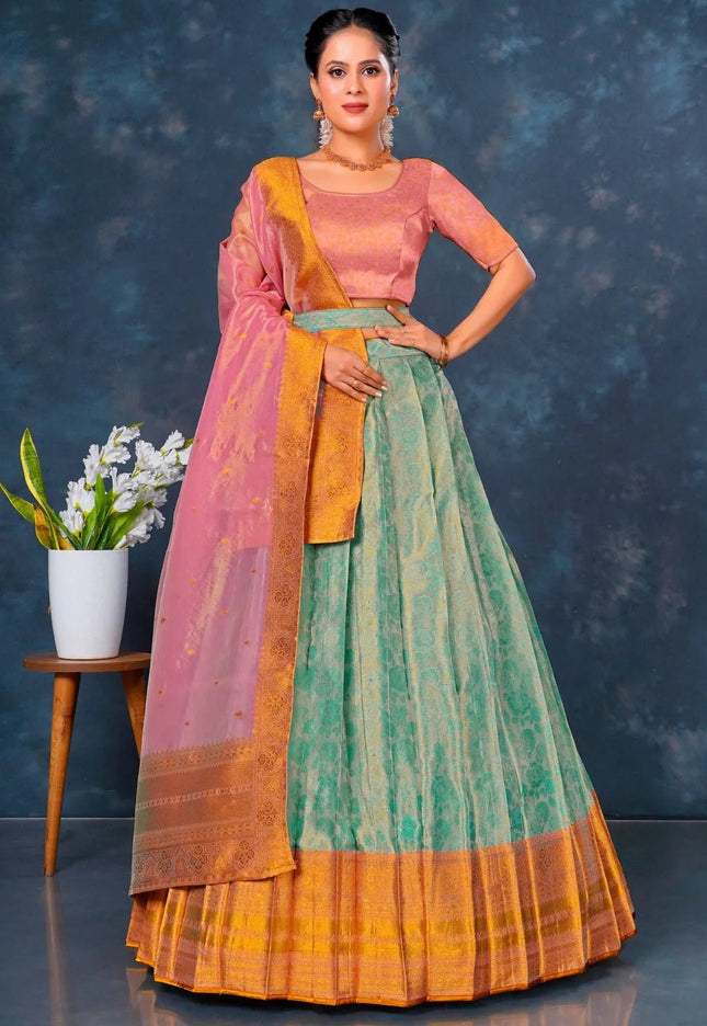 Sea Green Designer Lehenga Choli in Tissue Silk - Gajiwala