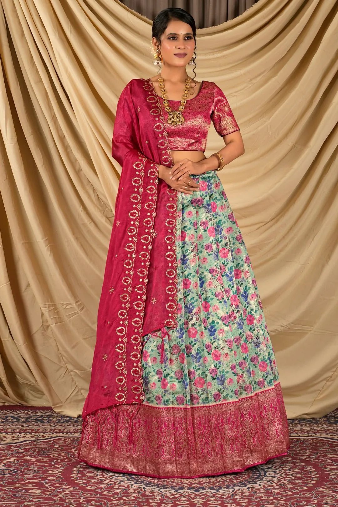 Sea Green Digital Print Tissue Silk Lehenga Choli For Women - Gajiwala