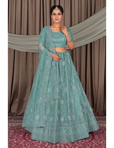 Sea Green Embroidered Bridesmaid Lehenga Choli In Net - Gajiwala