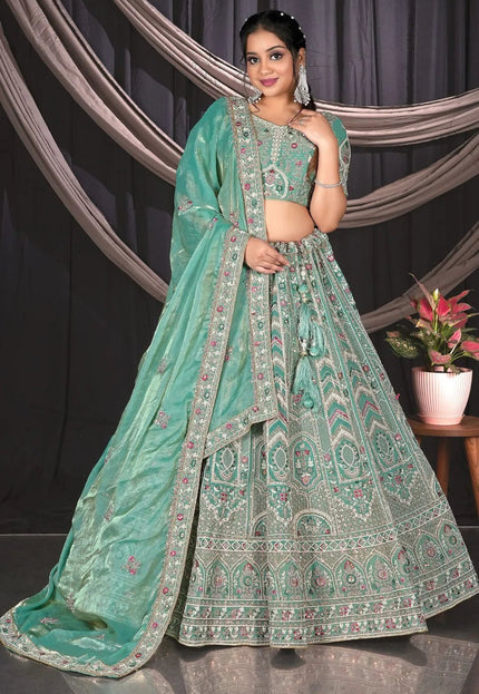 Sea Green Embroidered Jimmy Chew Lehenga Choli For Weddings - Gajiwala