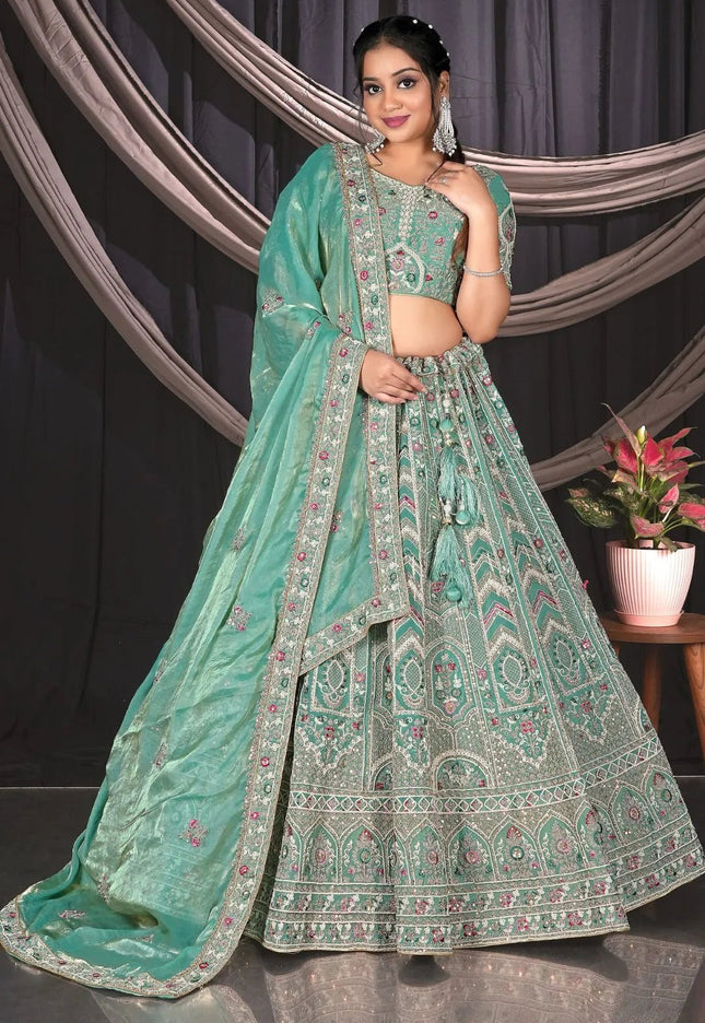 Sea Green Embroidered Jimmy Chew Lehenga Choli For Weddings - Gajiwala