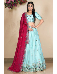 Sea Green Embroidered Lehenga Choli In Satin Chiffon Fabric - Gajiwala