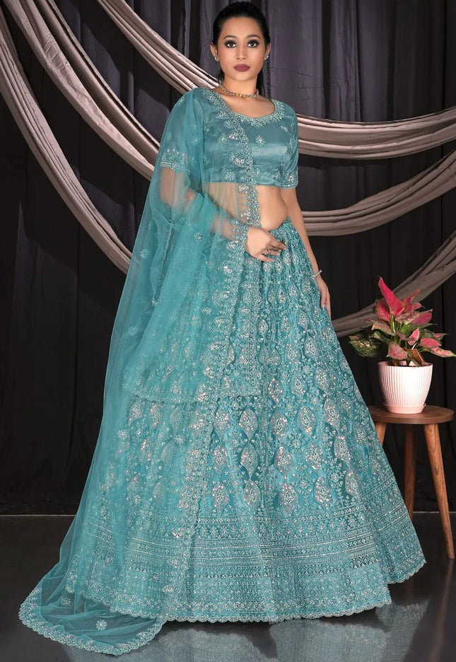 Sea Green Exclusive Net Lehenga Choli With Embroidered Work - Gajiwala