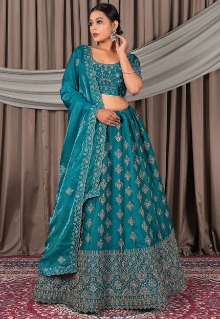 Sea Green Fendy Silk Semi - Stitched Lehenga For Women - Gajiwala