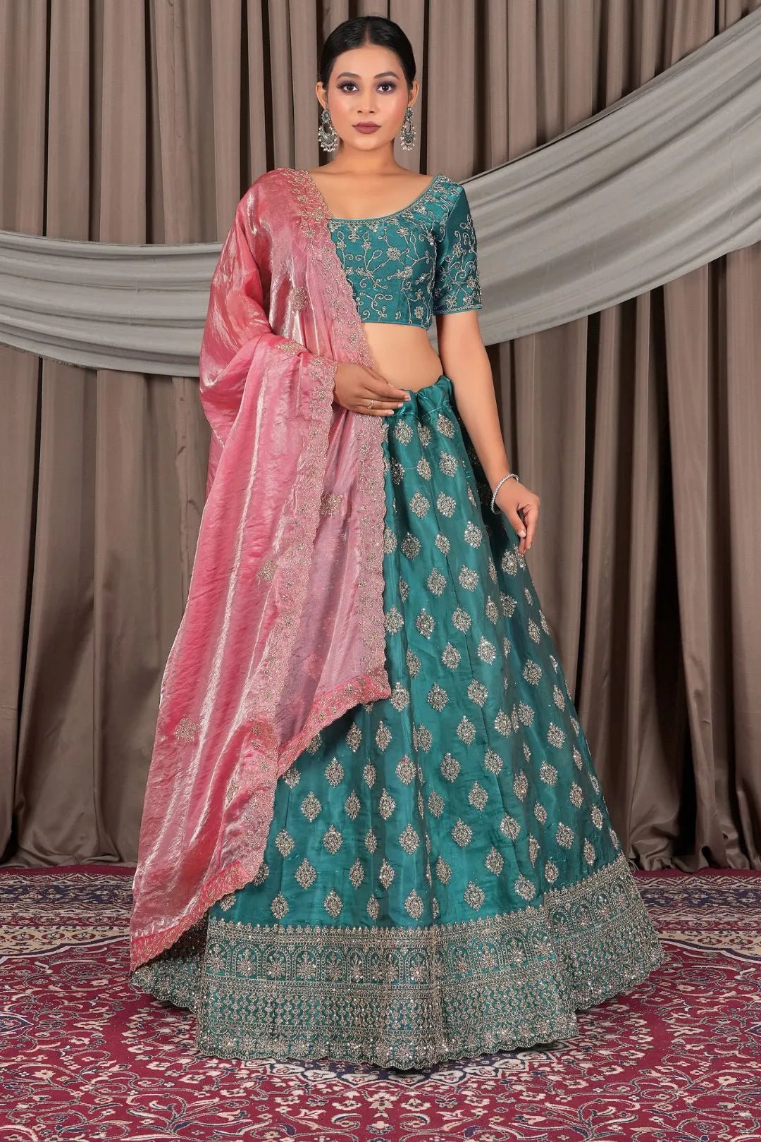 Sea Green Fendy Silk Semi - Stitched Lehenga For Women - Gajiwala