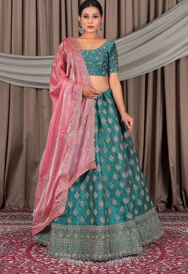 Sea Green Fendy Silk Semi - Stitched Lehenga For Women - Gajiwala