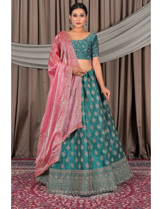 Sea Green Fendy Silk Semi - Stitched Lehenga For Women - Gajiwala