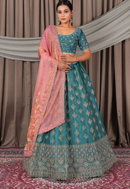 Sea Green Fendy Silk Semi - Stitched Lehenga For Women - Gajiwala