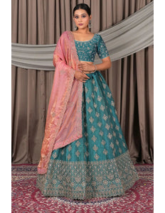 Sea Green Fendy Silk Semi - Stitched Lehenga For Women - Gajiwala