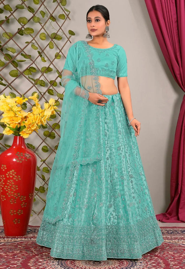 Sea Green Latest Net Lehenga Choli Set Wedding - Gajiwala