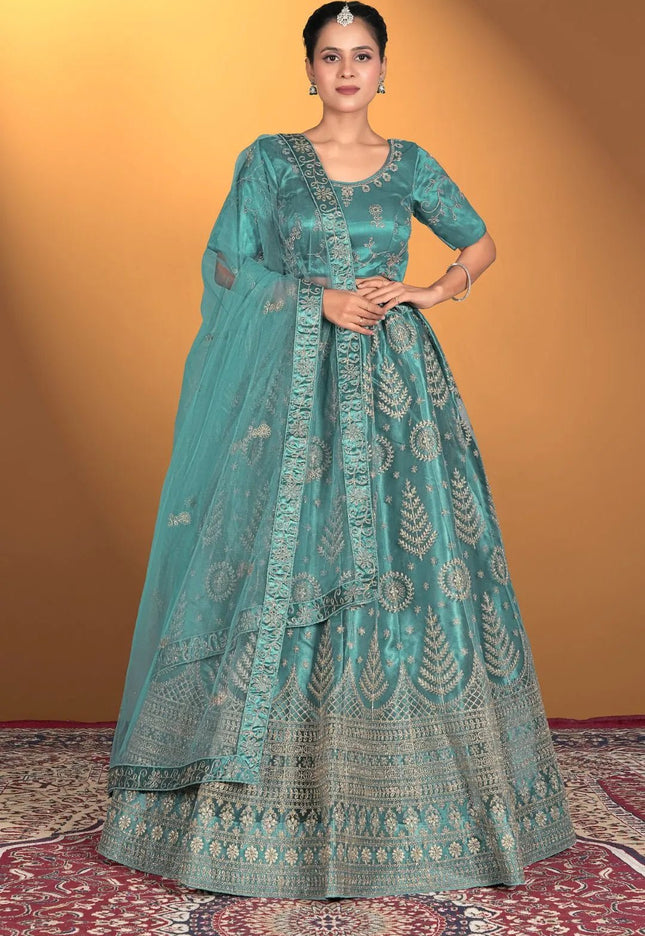 Sea Green Net Lehenga Choli For Women With Embroidery Work - Gajiwala