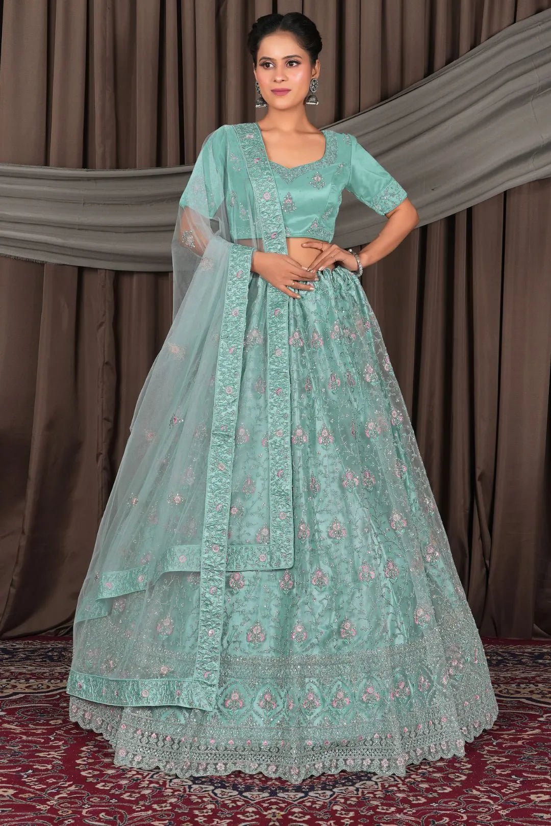 Sea Green Net Lehenga Choli With Embroidery Work - Gajiwala