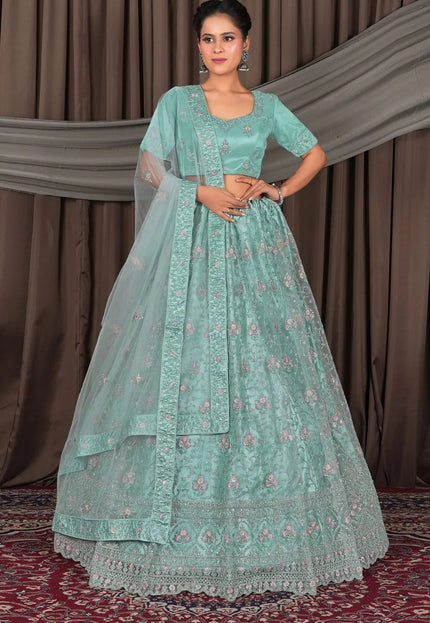 Sea Green Net Lehenga Choli With Embroidery Work - Gajiwala