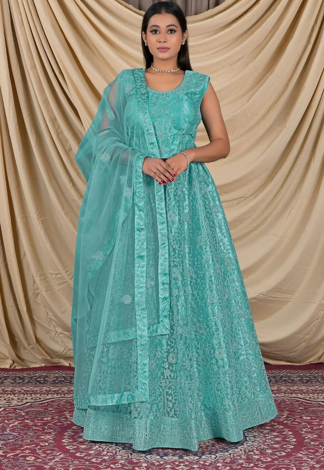 Sea Green Net Readymade Lehenga Choli For Girls - Gajiwala