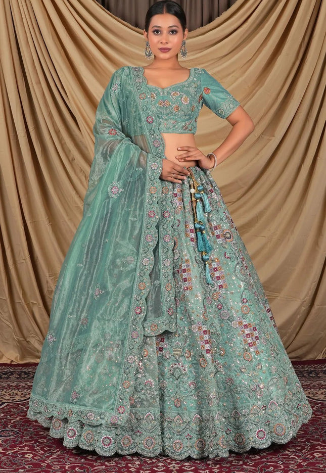 Sea Green Party Wear Embroidered Twill Net Lehenga Choli For Women - Gajiwala