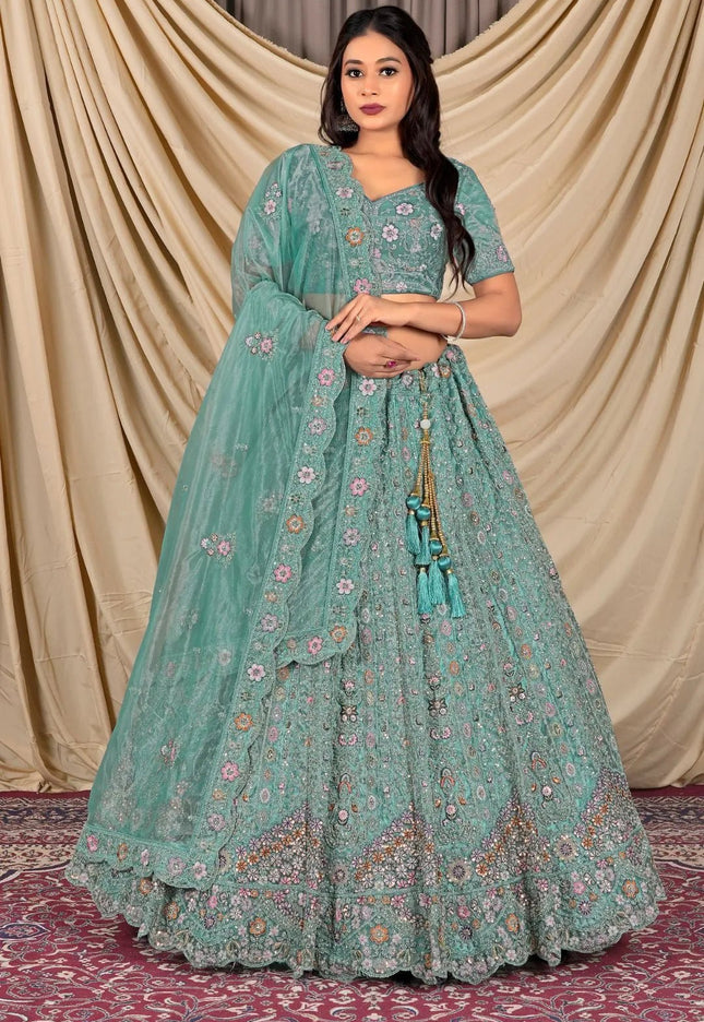 Sea Green Party Wear Embroidered Twill Net Lehenga Choli For Women - Gajiwala