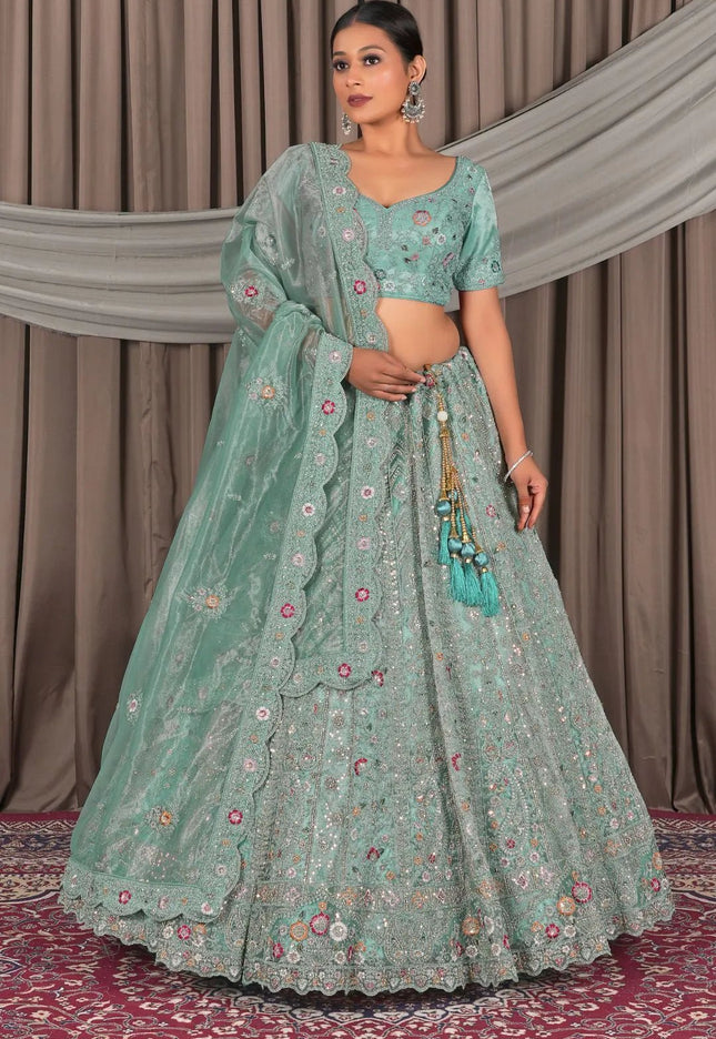 Sea Green Party Wear Embroidered Twill Net Lehenga Choli For Women - Gajiwala