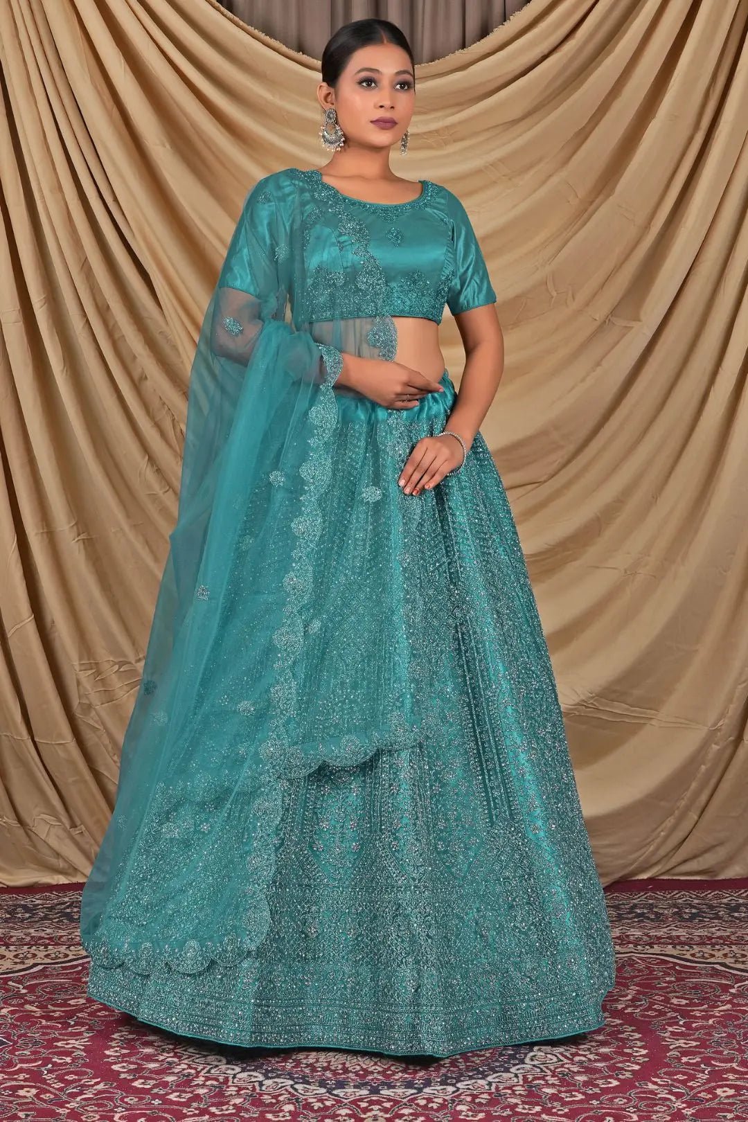 Sea Green Sequins Embroidered Net Lehenga Choli - Gajiwala