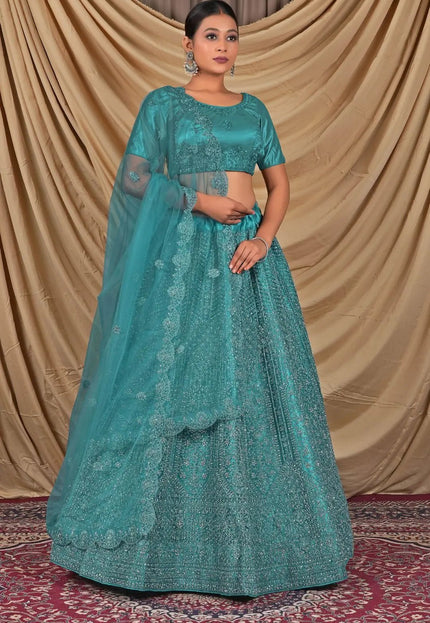 Sea Green Sequins Embroidered Net Lehenga Choli - Gajiwala