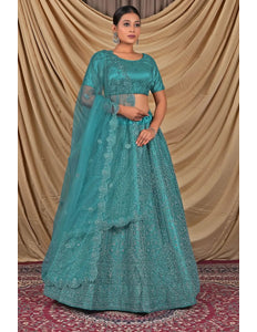 Sea Green Sequins Embroidered Net Lehenga Choli - Gajiwala