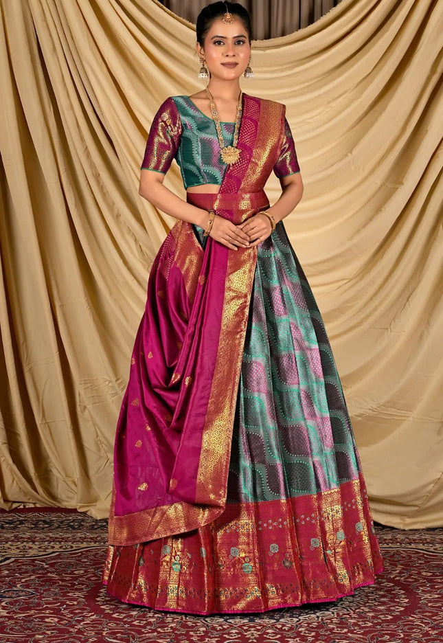 Sea Green Silk Half Saree Lehenga With Zari work - Gajiwala