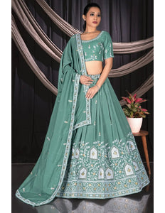 Sea Green Vichitra Silk Crop Top Lehenga For Women - Gajiwala