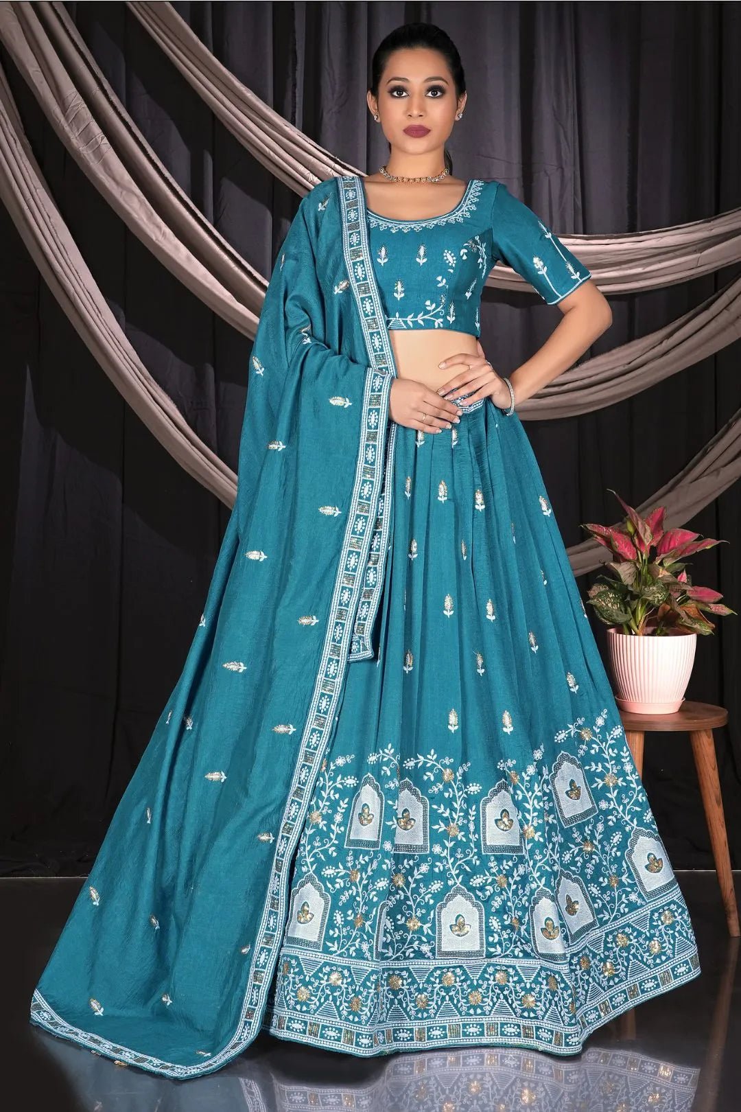 Sea Green Vichitra Silk Crop Top Lehenga For Women - Gajiwala