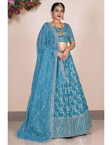 Sea Green Viscose Fabric Half Saree For Women - Gajiwala