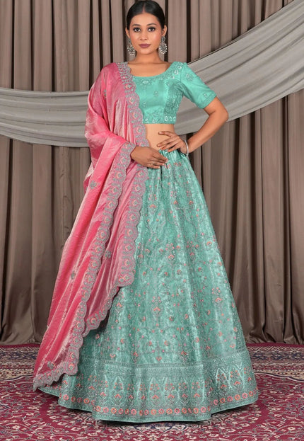 Sea Green Wedding Wear Embroidered Net Lehenga Choli For Women - Gajiwala