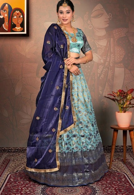 Sky Blue Banarasi Jacquard Silk Lehenga Choli for Women - Gajiwala