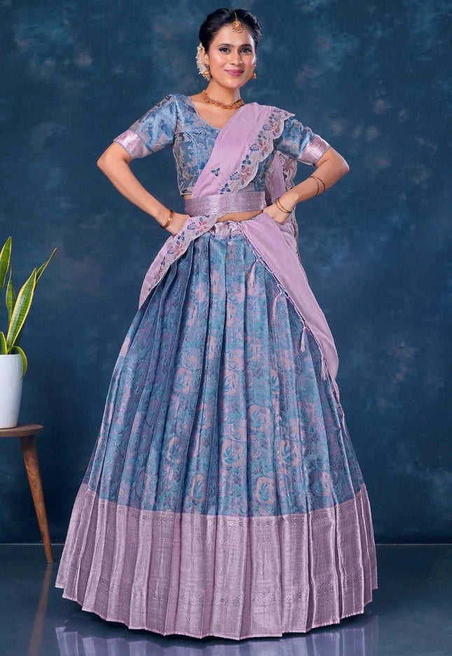 Sky Blue Banarasi Lehenga Choli With Lavender Dupatta - Gajiwala