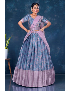 Sky Blue Banarasi Lehenga Choli With Lavender Dupatta - Gajiwala